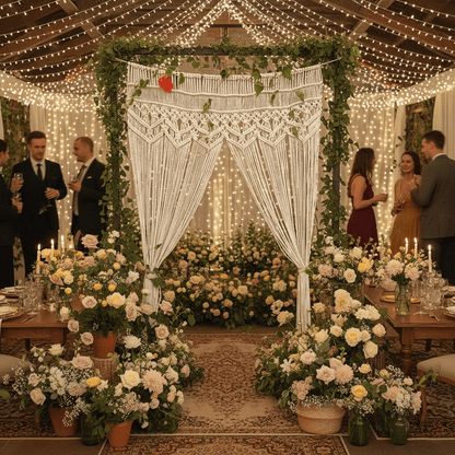Macramé é rideaux beige décorant réception bohème chic guirlandes lumineuses fleurs ambiance festive