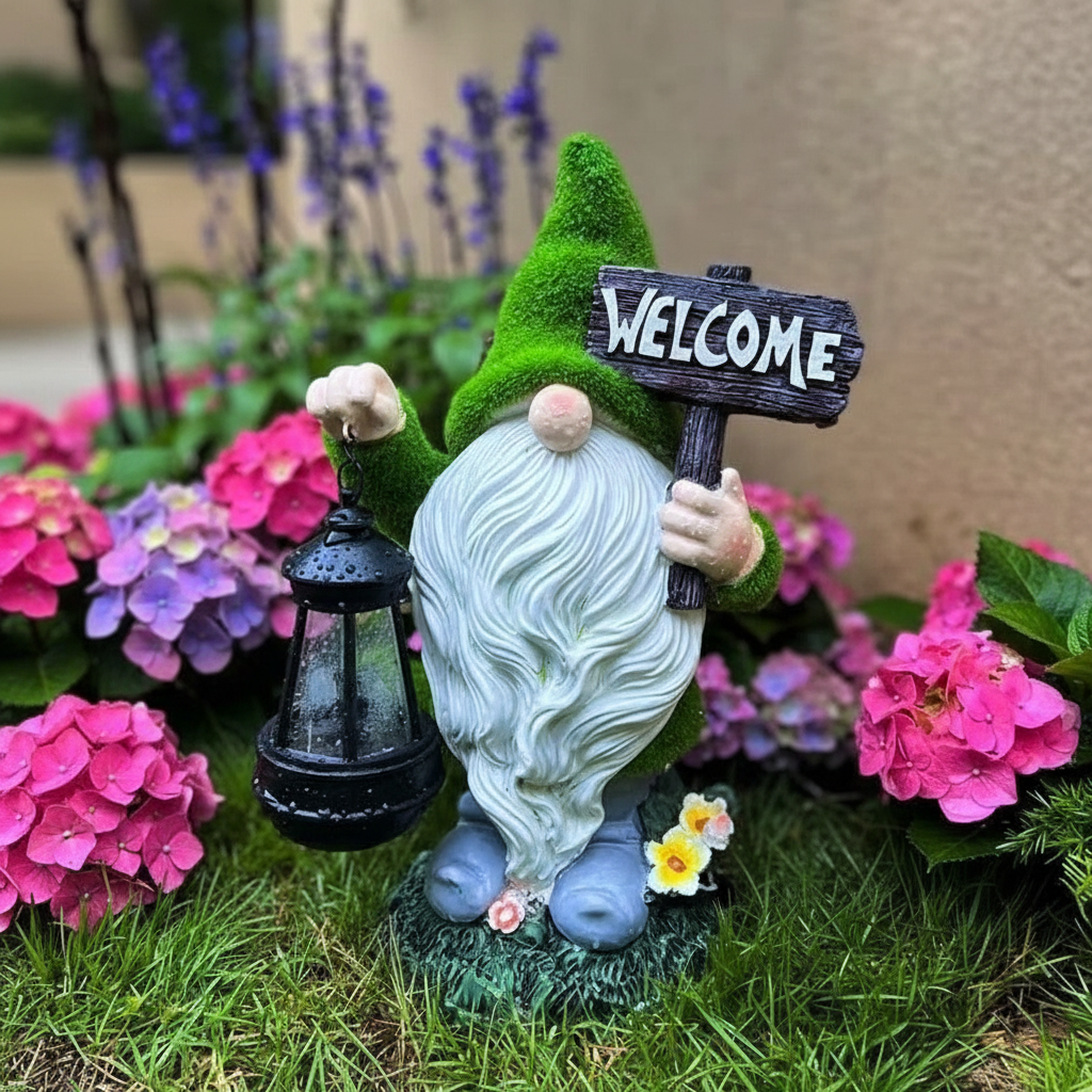 Nain de jardin grande taille bonnet vert panneau welcome lanterne fleurs roses