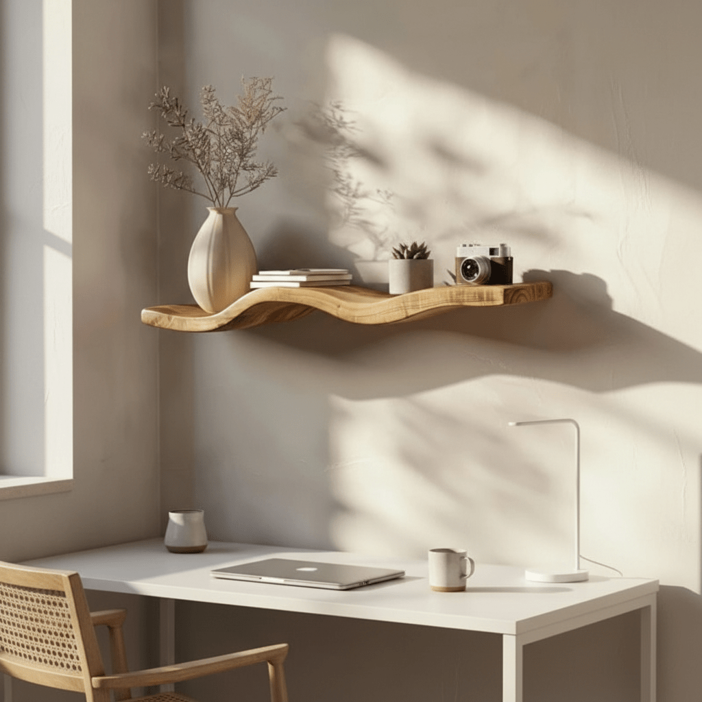 étagère flottante bois dans bureau minimaliste avec cahiers succulente caméra vintage rangement décoratif scandinave