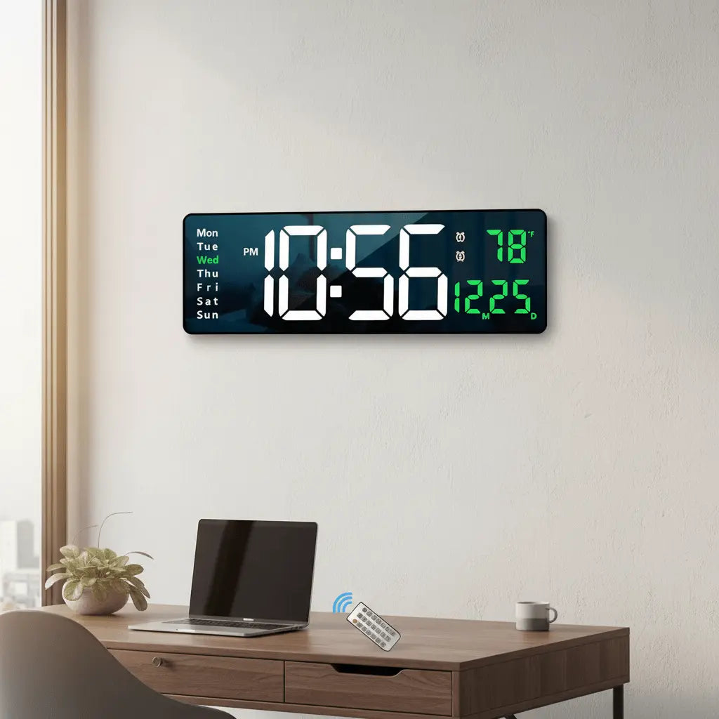 Horloge murale numérique 40cm double alarme date température minuteur bureau