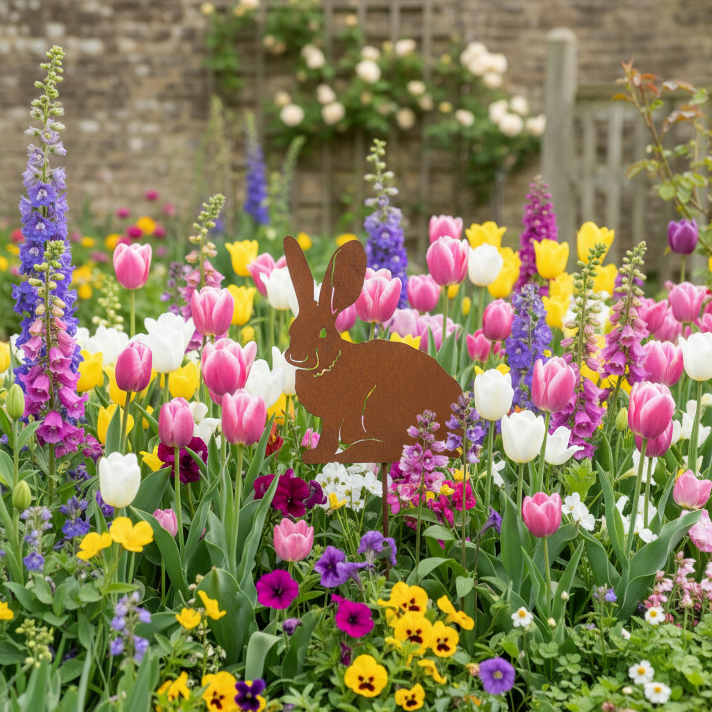 Lapin métal décoration jardin planté dans massif fleuri coloré jardin cottage romantique