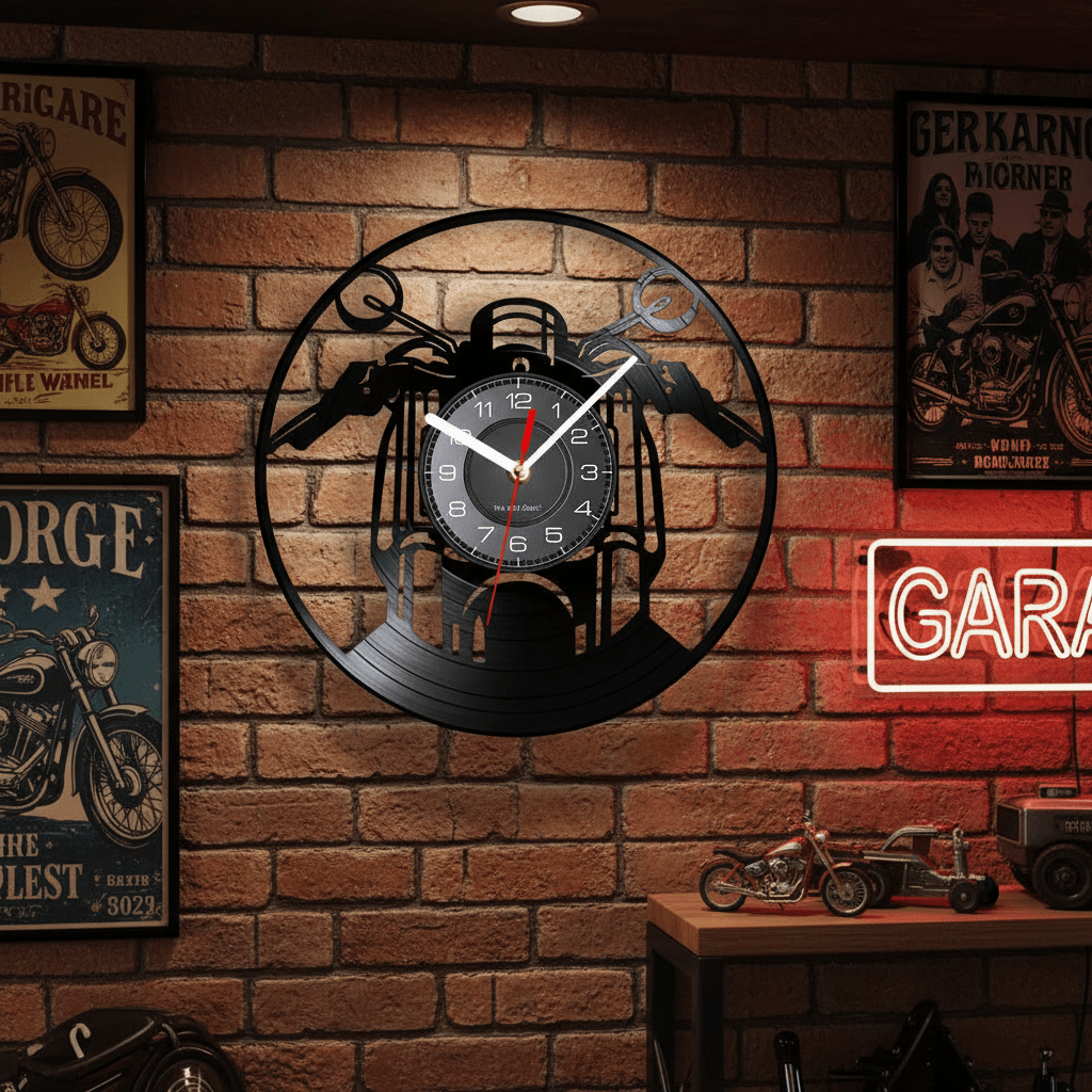Horloge moto murale vinyle retro garage man cave salle de jeux decoration biker