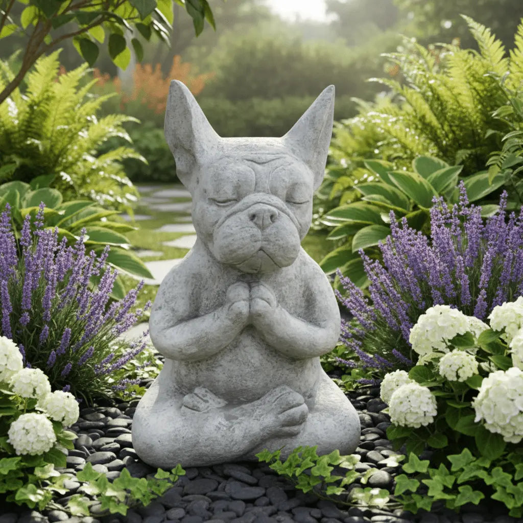Décoration extérieur jardin bouledogue zen atmosphère paisible plantes fleurs