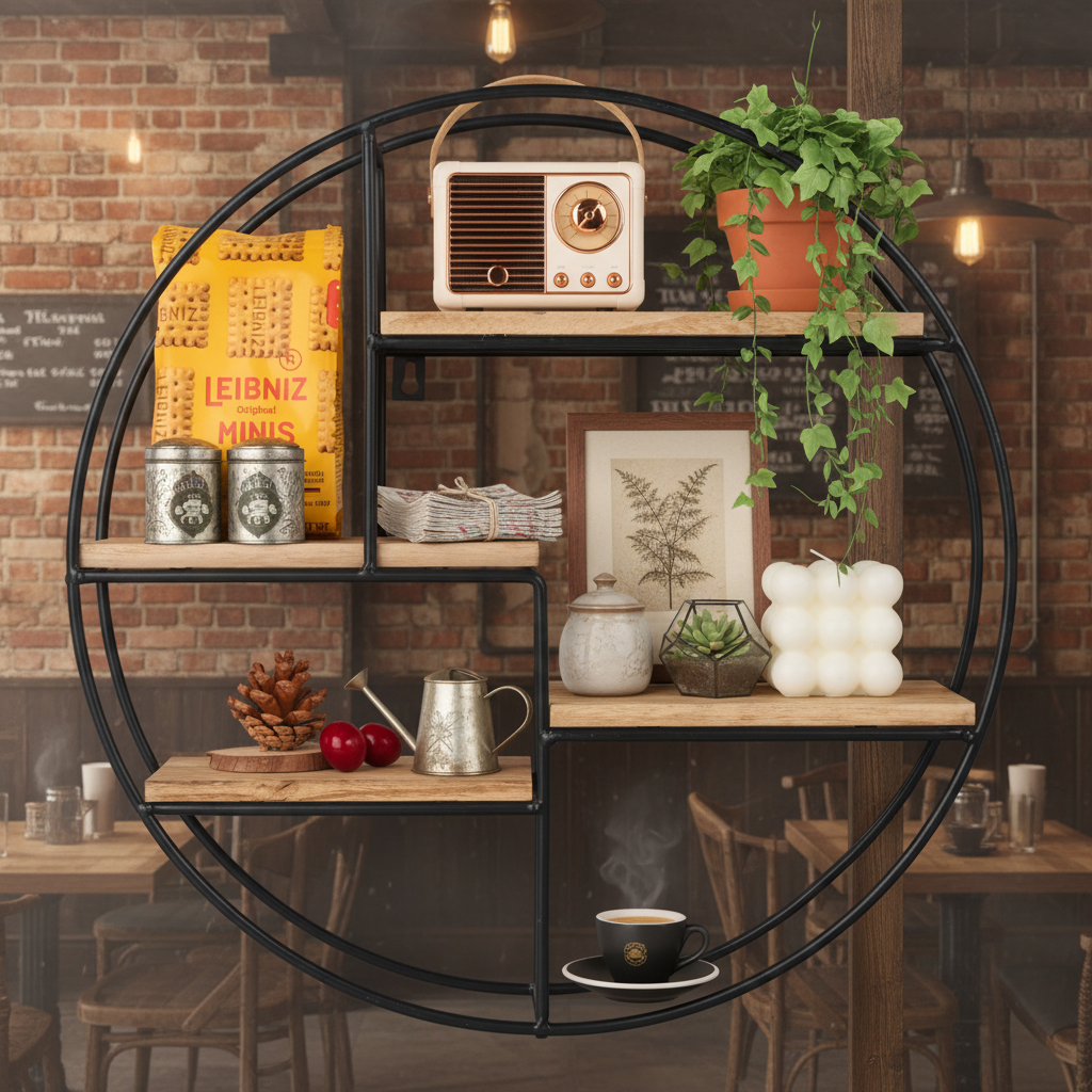Étagère murale ronde café restaurant bois avec structure métallique, rangement flottant pour tasses et accessoires ambiance industrielle vintage