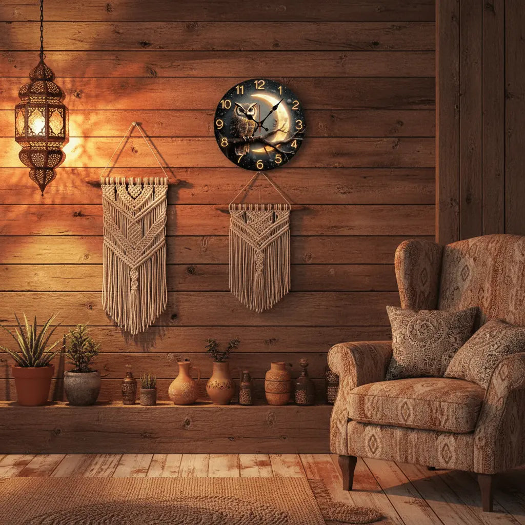 Horloge murale hibou lune intérieur rustique campagne décoration chaleureuse