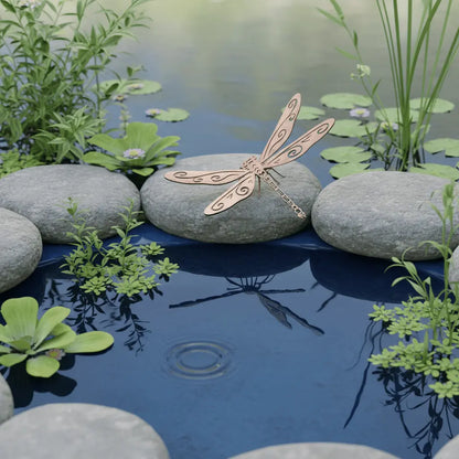 Jardin zen décoration jardin libellule métal bord bassin eau reflets ambiance méditative