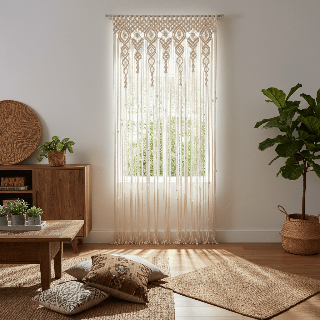 Rideau en macramé coton naturel décoration fenêtre filtrant lumière créant ombres douces intérieur bohème