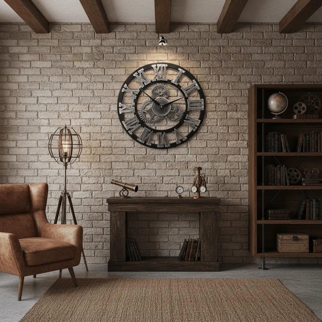 Horloge murale vintage steampunk argent salon industriel point focal engrenages