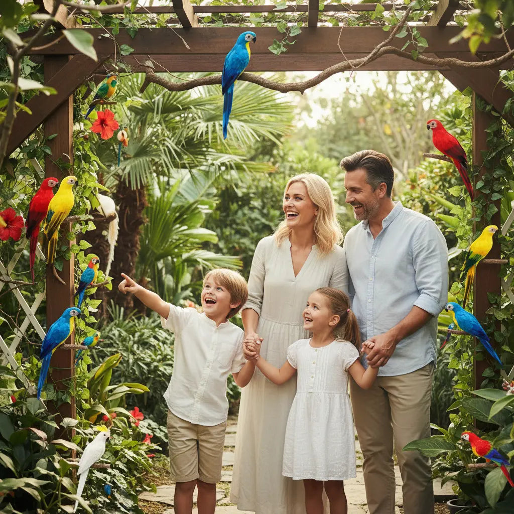 Décorations jardins perroquets famille enfants tropical lifestyle ludique