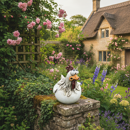 Décoration jardin poule résine posée muret pierre cottage anglais plantes grimpantes ambiance campagne