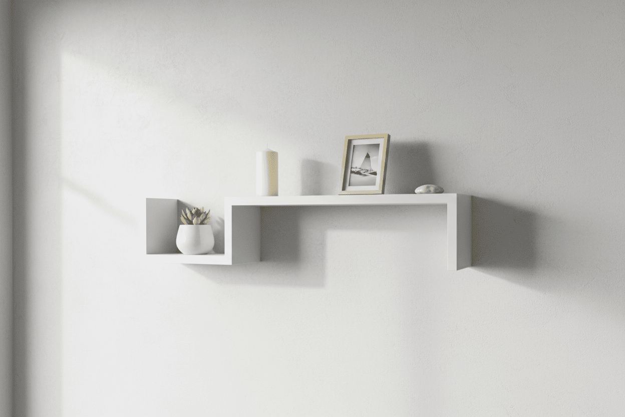 Étagère murale blanche forme S flottante avec décoration - plante succulente, bougie et cadre photo - design minimaliste scandinave pour salon ou bureau