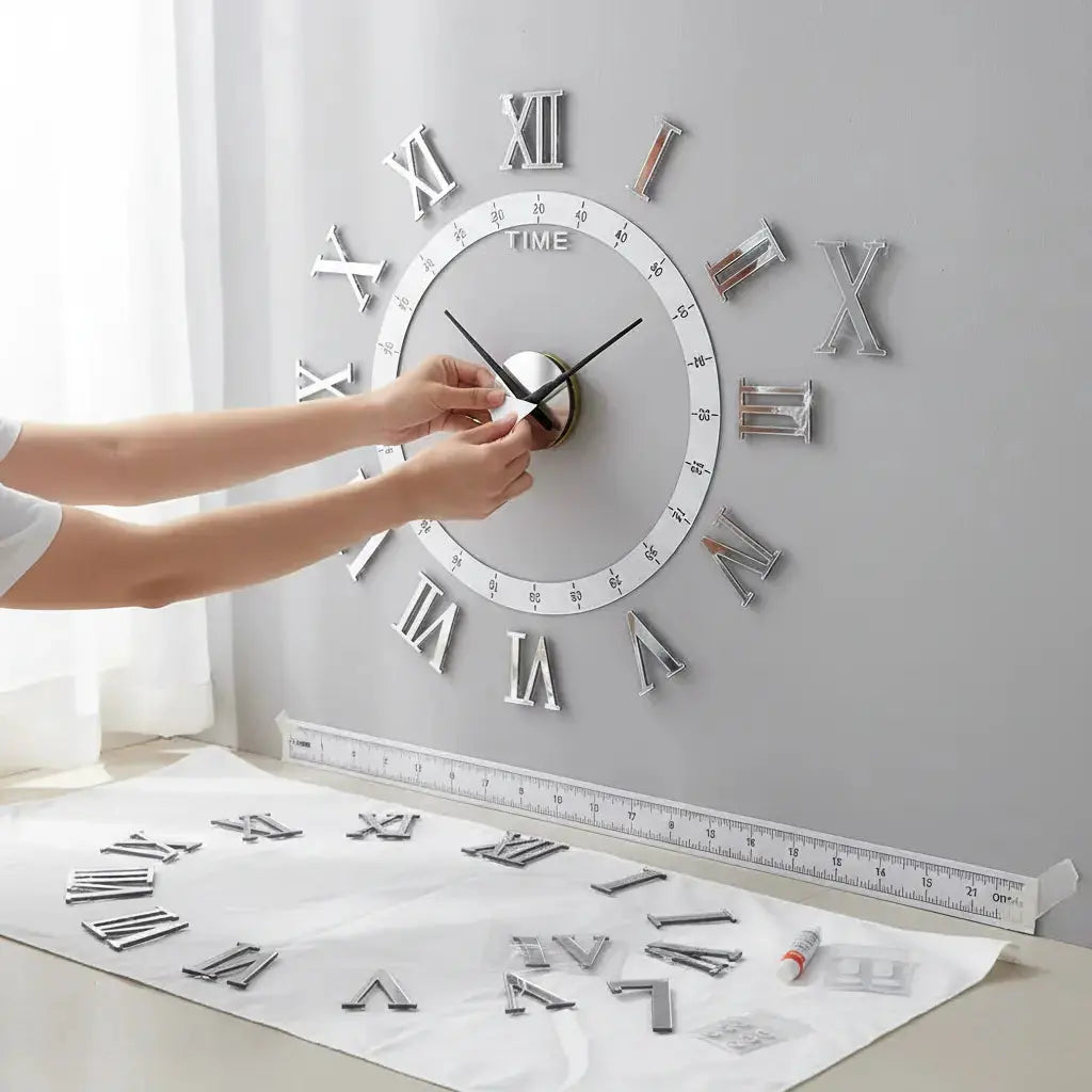 Horloge murale décorative salon DIY installation auto-adhésive règle graduée argent