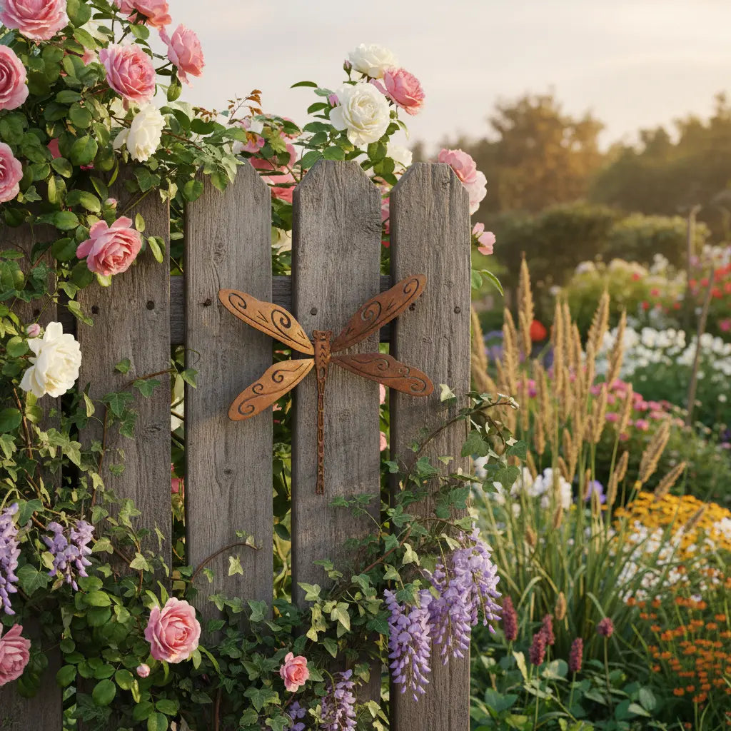 Décoration jardin libellule métal fixée clôture bois plantes grimpantes cottage anglais