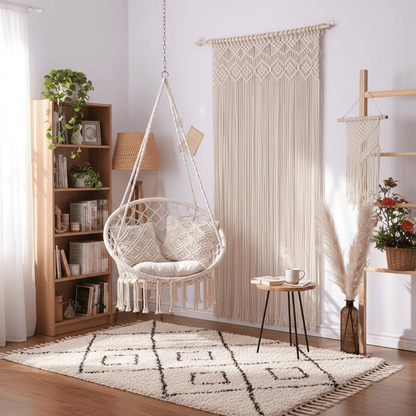 Rideau macramé bohème coton naturel coin lecture fauteuil suspendu bibliothèque tapis berbère déco inspirée
