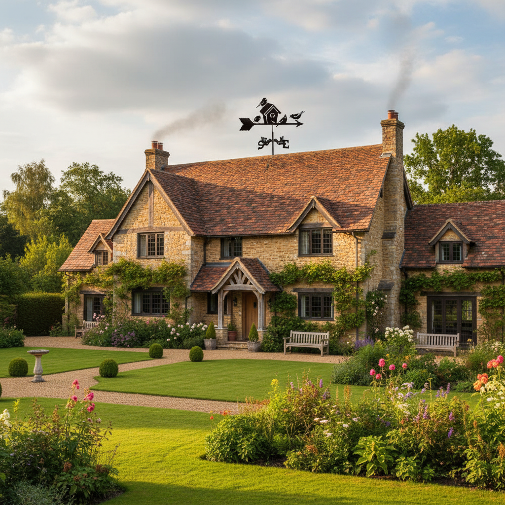Girouette oiseau sur maison campagne jardin paysager - intégration harmonieuse architecture extérieure