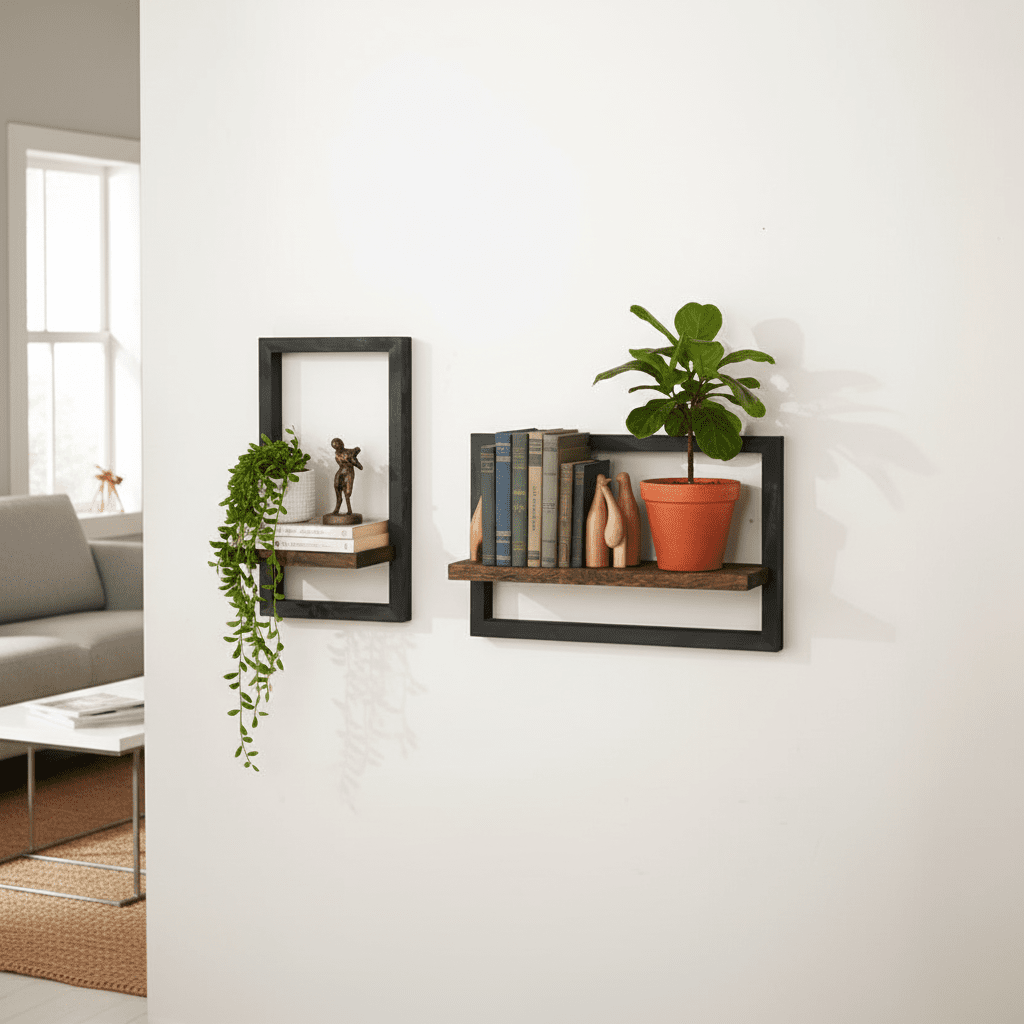 Étagère carrée murale en bois noir installée dans un salon moderne avec objets décoratifs, solution de rangement mural style rustique farmhouse