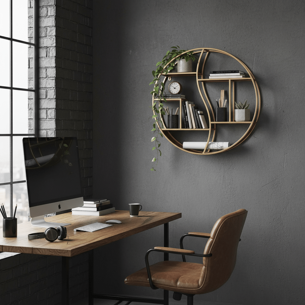 Étagère murale ronde bureau fer forgé doré et bois multi-niveaux, rangement flottant pour fournitures et plantes style industriel luxe fonctionnel