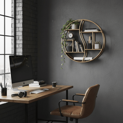 Étagère murale ronde bureau fer forgé doré et bois multi-niveaux, rangement flottant pour fournitures et plantes style industriel luxe fonctionnel