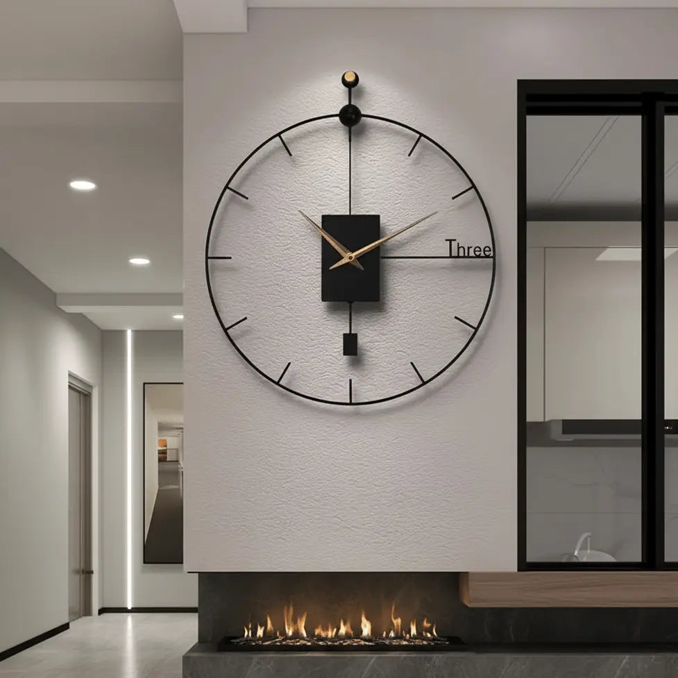 Horloge noire murale métal 50cm salon au-dessus cheminée point focal industriel moderne