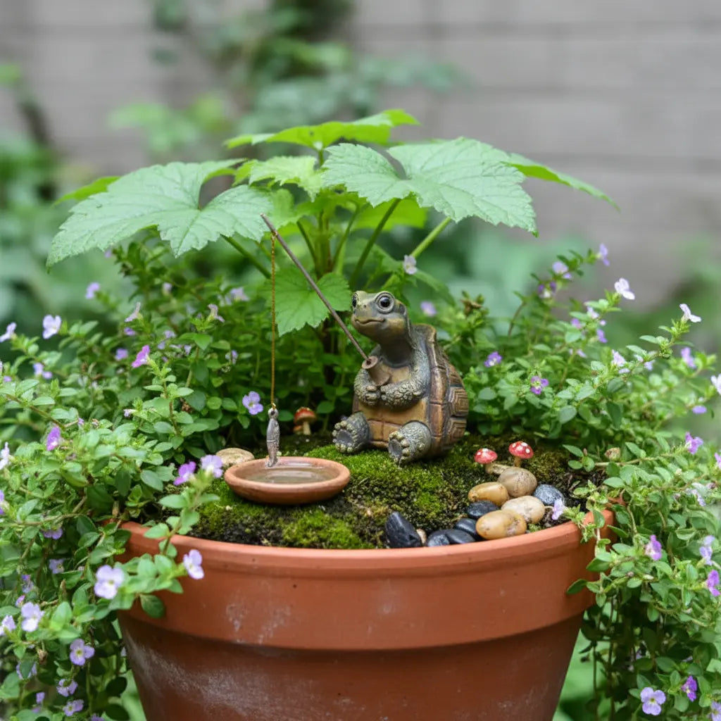 Décoration jardin tortue pêcheuse résine nichée entre pots fleurs plantes vivaces micro-décoration discrète charmante