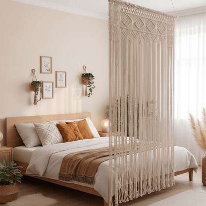 Rideaux en macramé beige séparateur espace chambre bohème créant zone intime avec lumière naturelle