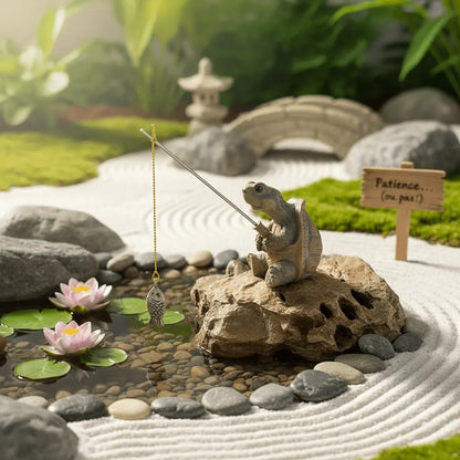 Tortue pêcheuse résine décoration jardin canne pêche miniature 6cm bord bassin jardin zen ambiance humoristique narrative