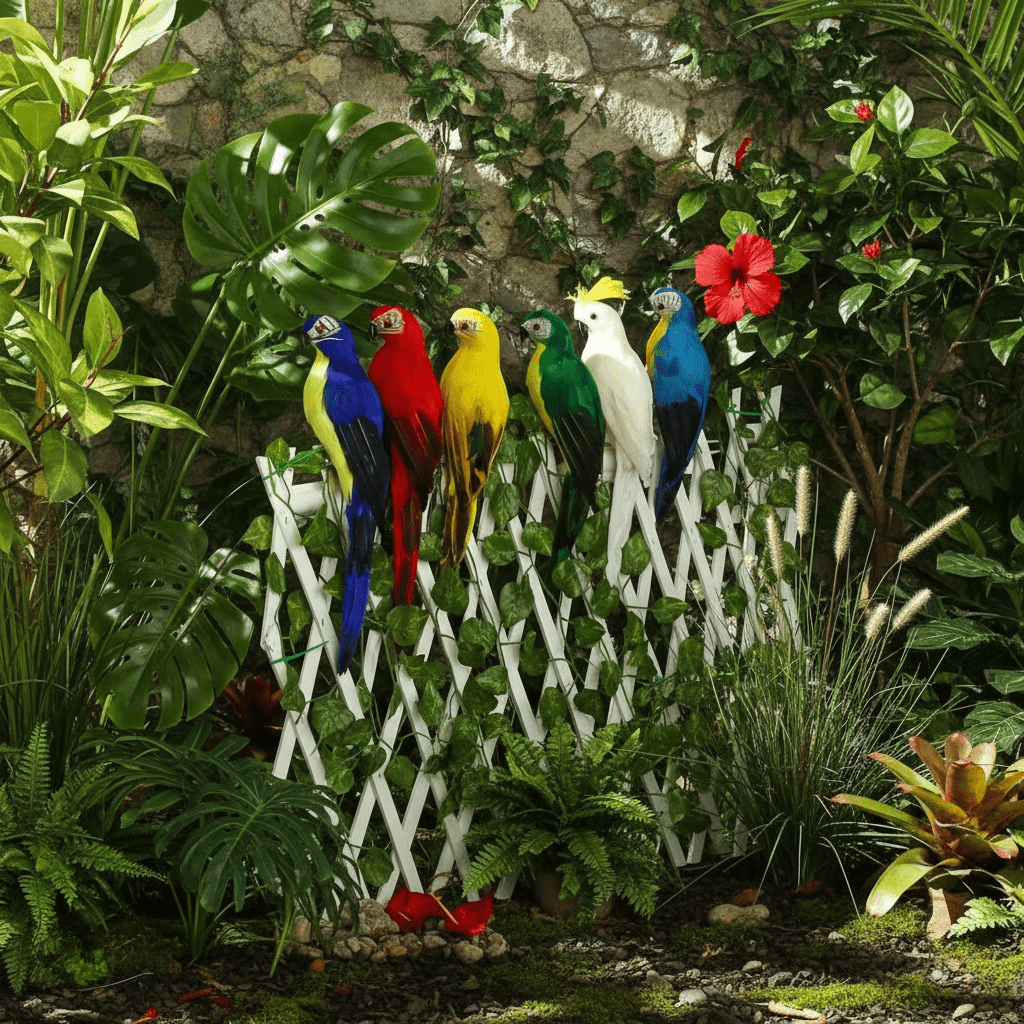 Décorations jardins perroquets simulation plumes colorés clôture tropical exotique