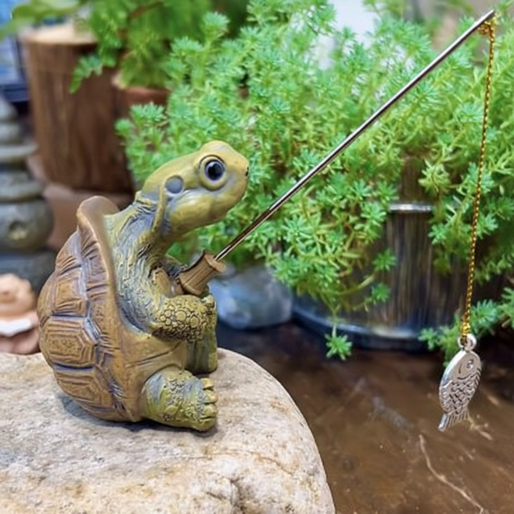 Gros plan détails tortue résine décoration jardin carapace sculptée finition beige vert naturel canne pêche miniature artisanale