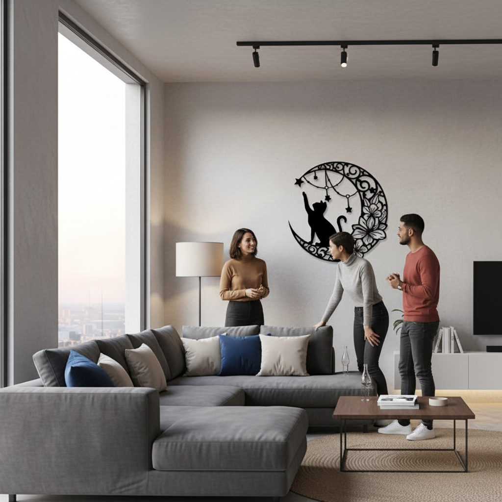 Intérieur accueillant avec décoration murale métal créant atmosphère chaleureuse