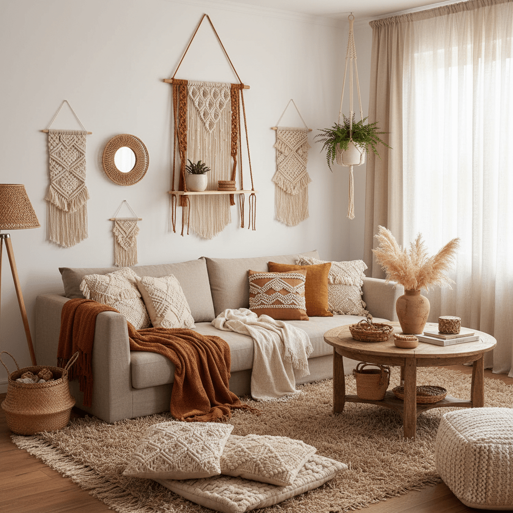 Intérieur bohème serein avec décoration macramé créant atmosphère paisible cosy