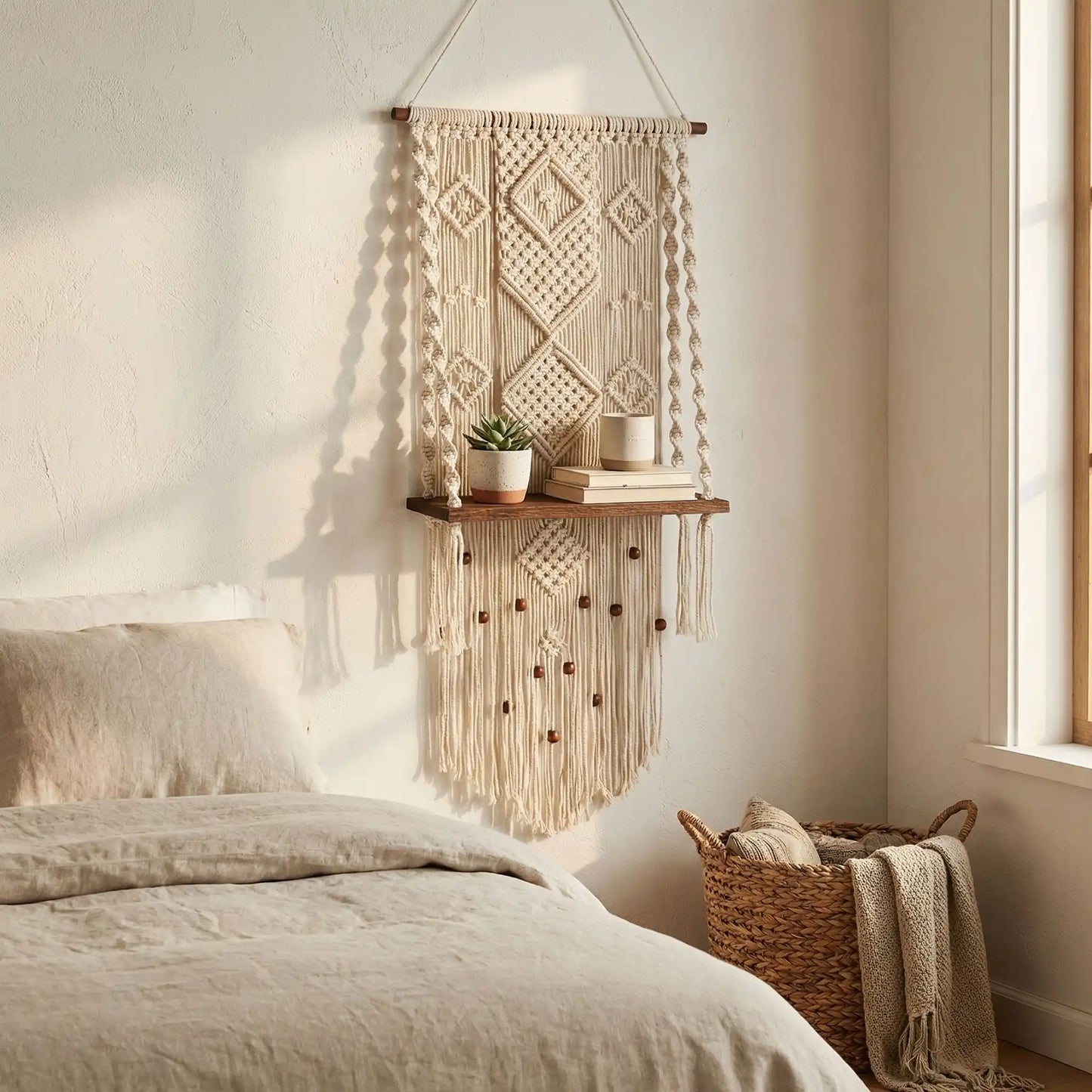 Intérieur bohème serein avec décoration macramé créant atmosphère paisible cosy