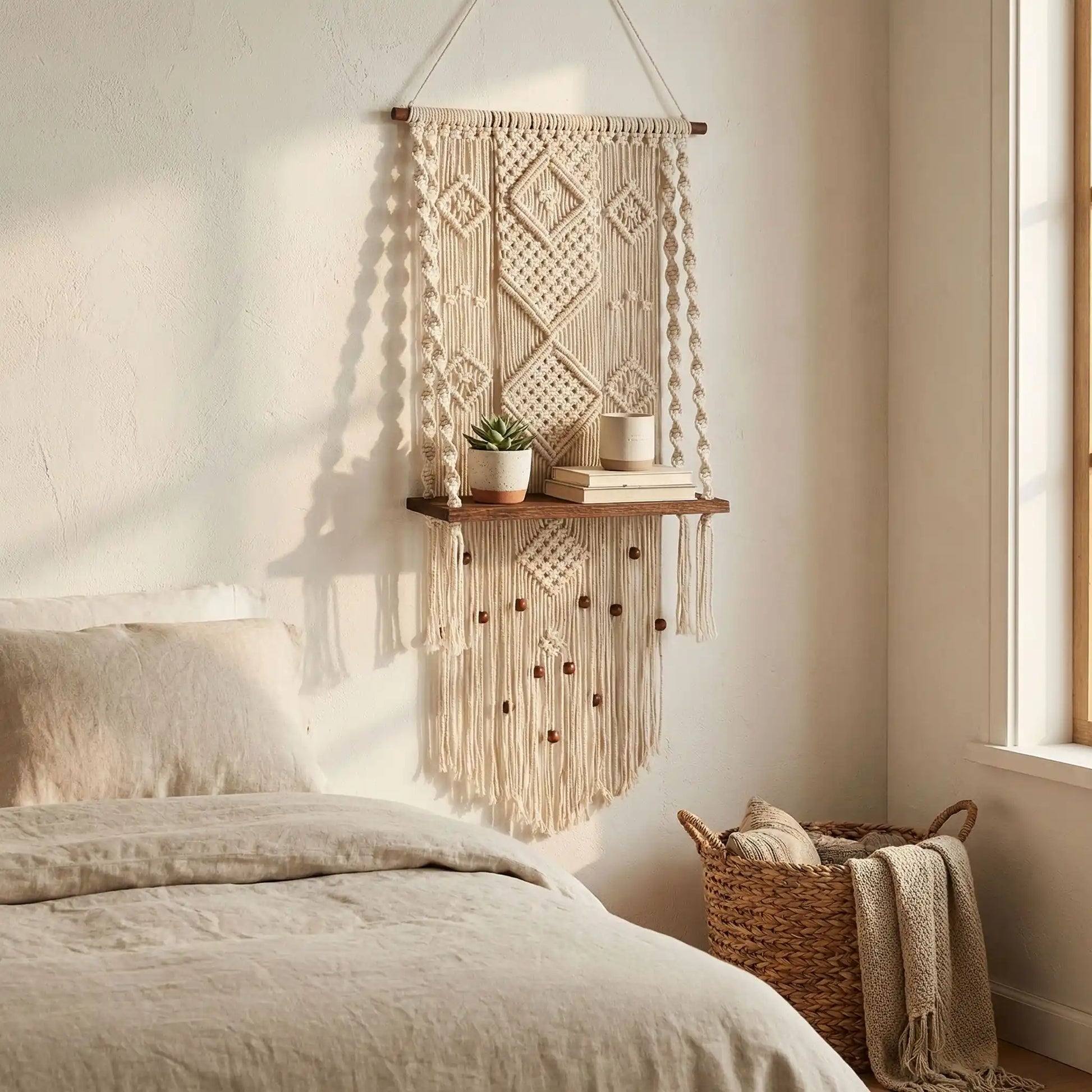 Intérieur bohème serein avec décoration macramé créant atmosphère paisible cosy