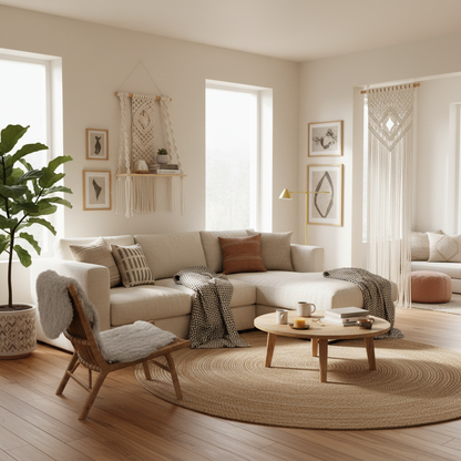 Intérieur bohème serein décoration macramé atmosphère paisible cosy art mural chaleur naturel