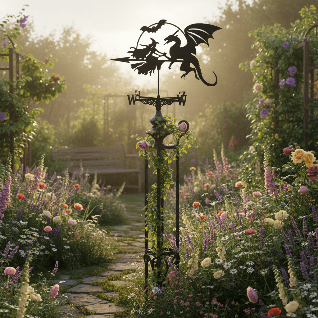 Girouette sorcière dragon dans jardin bohème-chic avec plantes grimpantes - ambiance cottage romantique