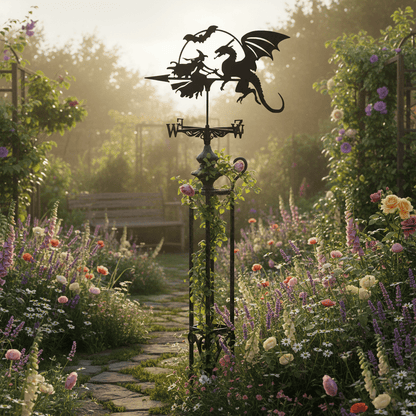 Girouette sorcière dragon dans jardin bohème-chic avec plantes grimpantes - ambiance cottage romantique