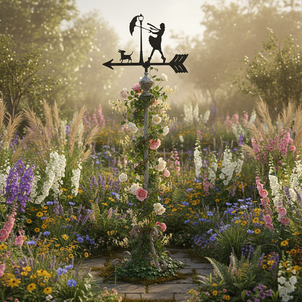 Girouette de jardin originale dans jardin bohème-chic avec plantes grimpantes - ambiance cottage romantique