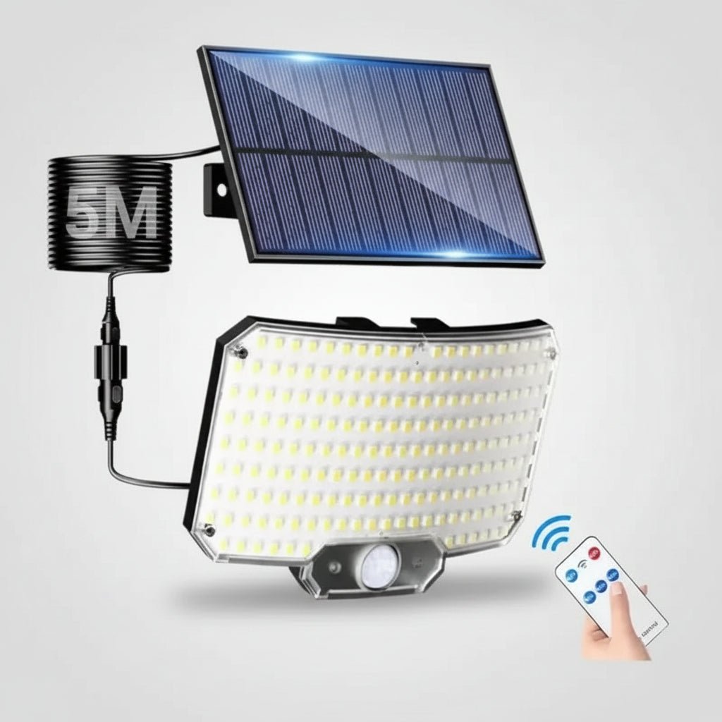 Lampe détecteur de mouvement solaire 270° sur façade — éclairage nocturne automatique IP65