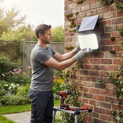 Lampe solaire sur façade entrée et garage — sécurité automatique pour jardin et terrasse