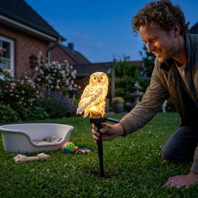 Lampe solaire exterieur Décoration de jardin hibou lumineux solaire placé dans un massif de fleurs, étanche et résistant aux intempéries.