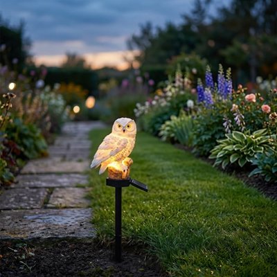 Lampe solaire exterieur Sculpture réaliste de hibou pour jardin avec piquet de sol, détails précis du plumage en résine haute résistance.
