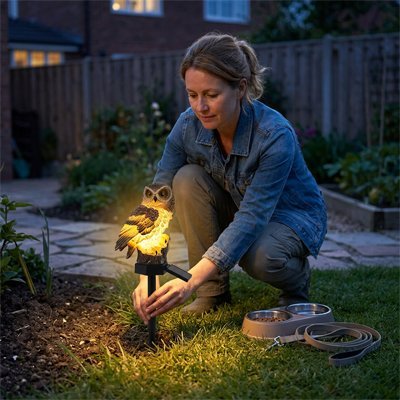 Lampe solaire exterieur hibou 42cm de hauteur, batterie 3,7V et panneau solaire intégré pour autonomie totale.