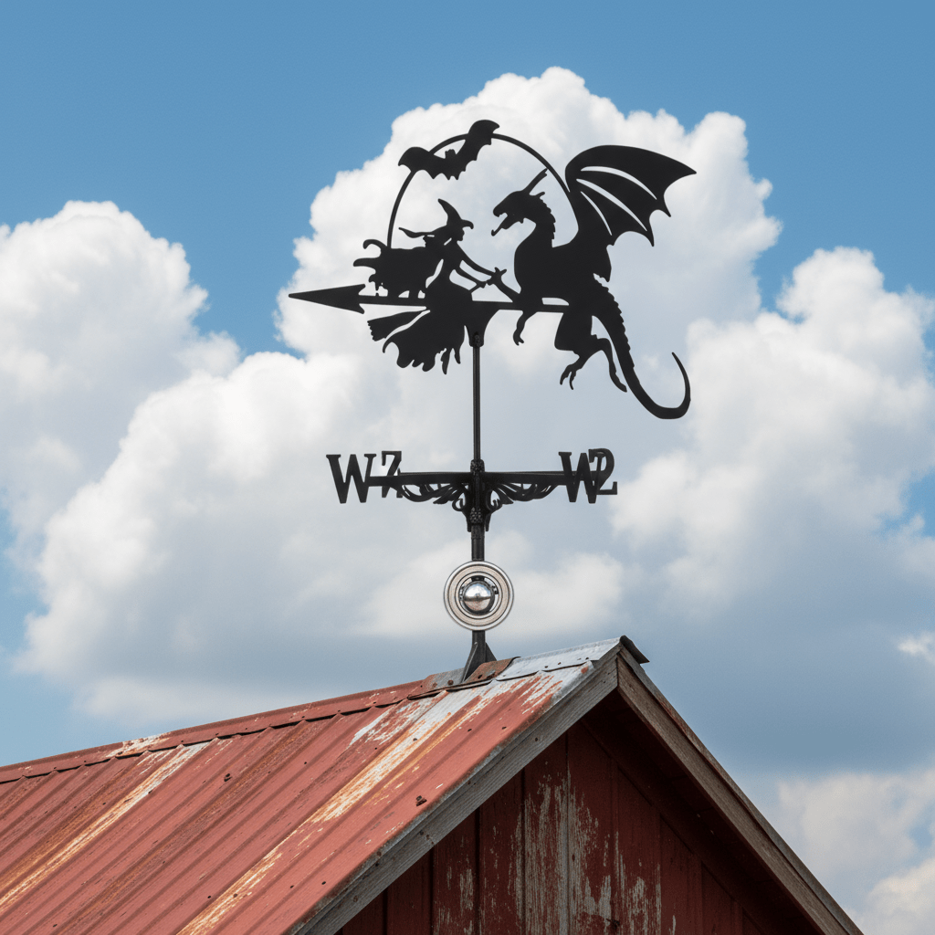 Girouette sorcière dragon pivotant avec mécanisme roulement à billes sur toit grange rustique farmhouse