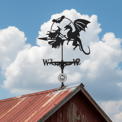 Girouette sorcière dragon pivotant avec mécanisme roulement à billes sur toit grange rustique farmhouse