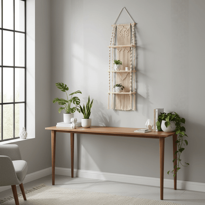 Macramé mural artisanal avec étagères bois massif dans bureau scandinave