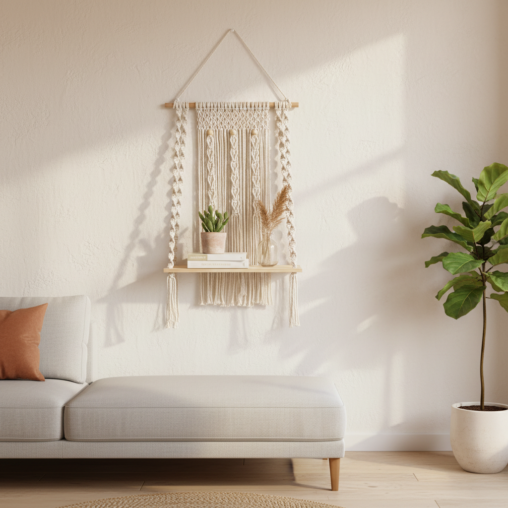 Macramé mural moderne étagère suspension coton beige bois naturel design contemporain minimaliste