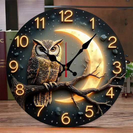 Horloge murale hibou doré lune argentée design fantastique zen silencieuse 25cm
