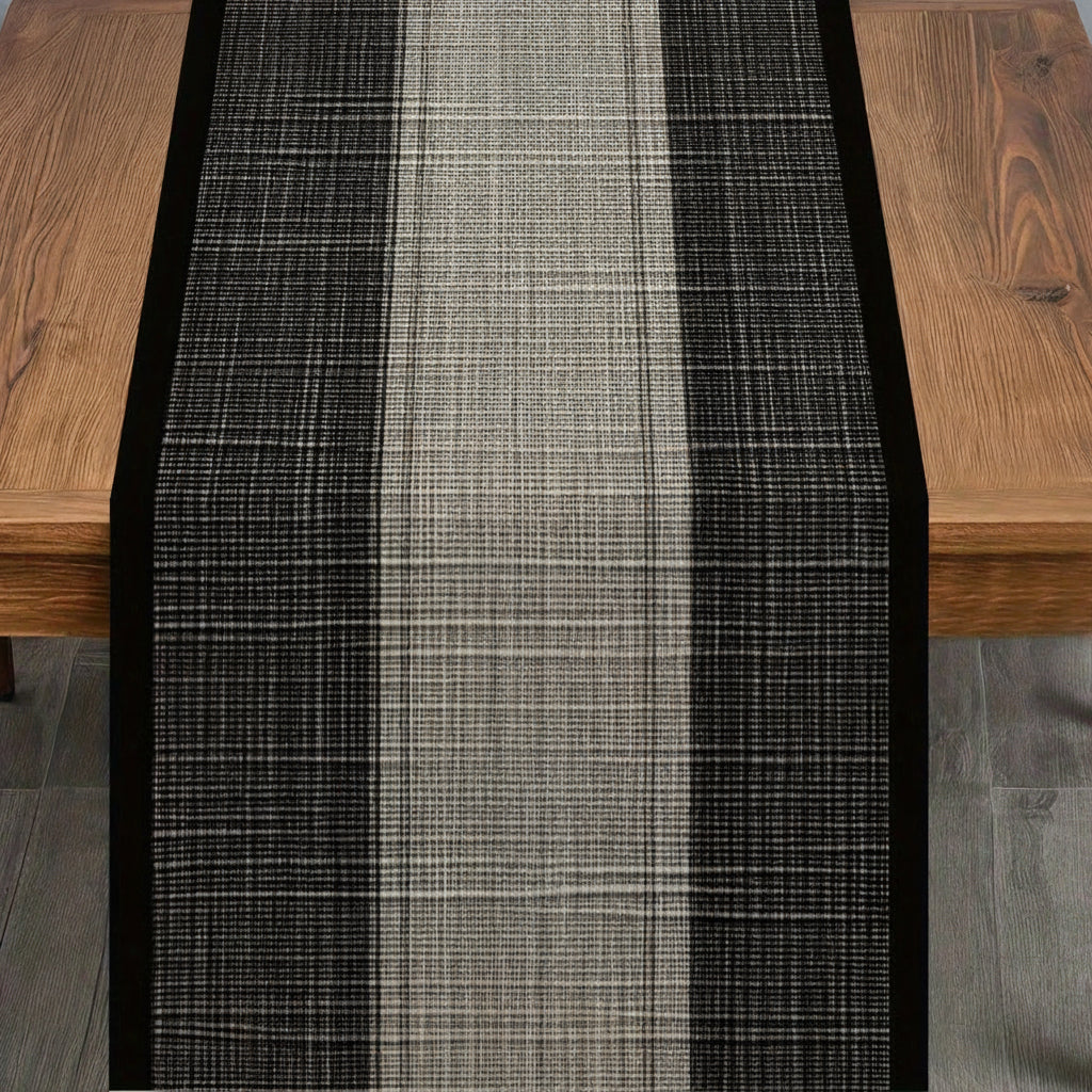 Chemin de table lin géométrique noir motif tissé relief table bois
