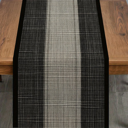 Chemin de table lin géométrique noir motif tissé relief table bois