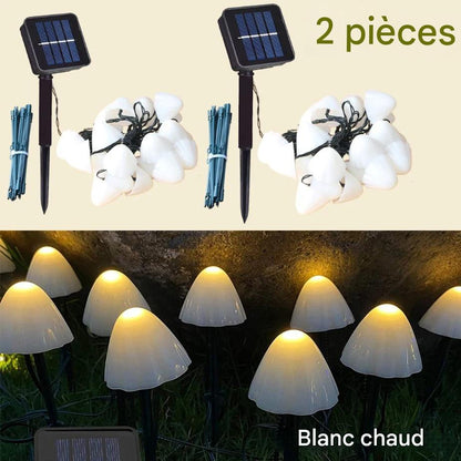 Lot de deux guirlandes solaires d'extérieur-champignon | Nuit Lumineuse de couleur blanc chaud. L'image du haut montre les guirlandes éteintes avec leurs panneaux solaires et leurs piquets, tandis que l'image du bas les montre en train de briller doucement dans un charmant décor de jardin.
