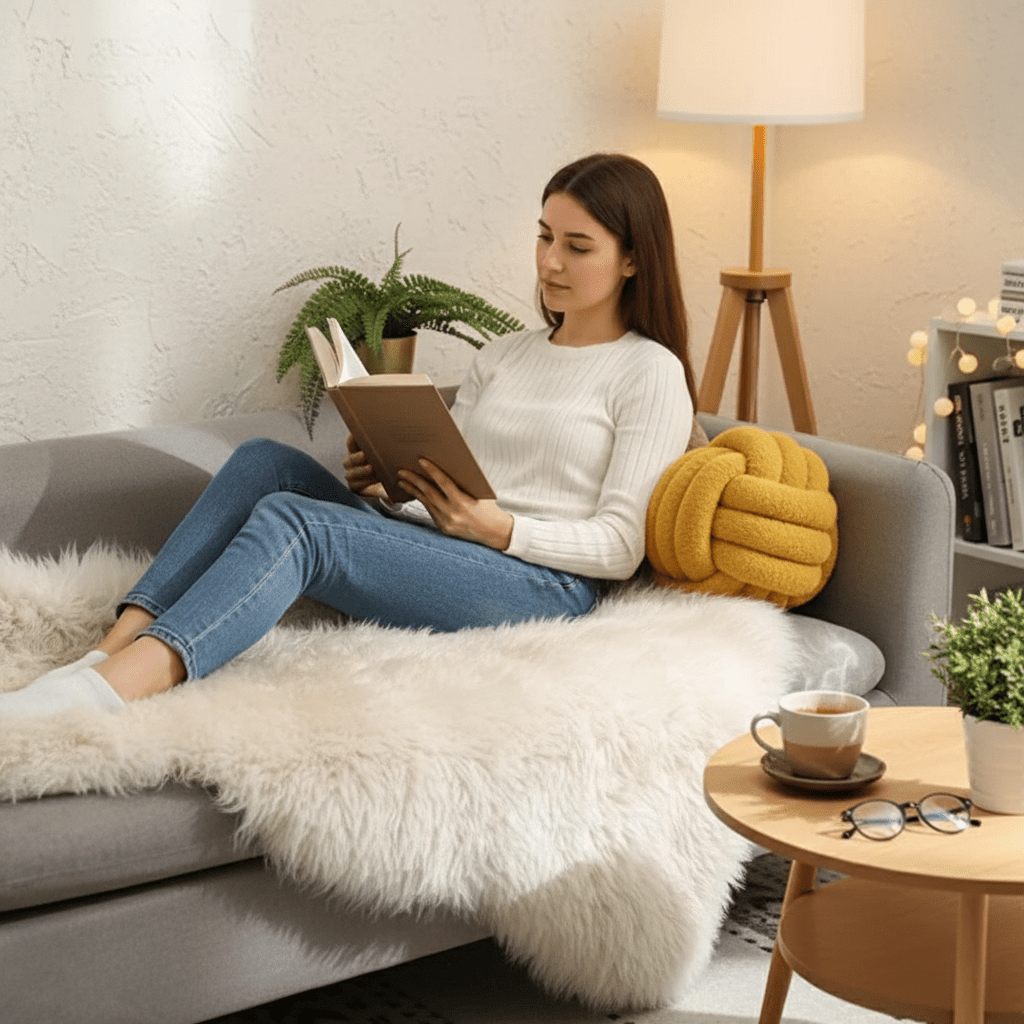 Coussin décoratif confortable pour moment détente lecture sur canapé ambiance cocooning
